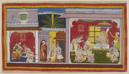 Legg til 15296 (1) f.2r, I tronsalen i Ayodhya (til høyre) sitter kong Dasaratha med sine fire sønner, sin minister Sumantra og sin yppersteprest Vasistha. Yudhajit, dronning Kaikeyis bror og Bharatas onkel på morssiden, har kommet for å ta Bharata på besø