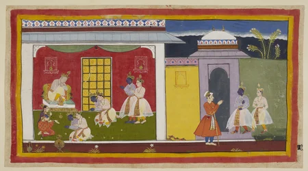 Legg til 15296 (1) f.31r, Rama og Laksmana til høyre, med Rama nå endret til moderne hoffdrakt, nærmer seg porten til Kaikeyis palass og, etterlater sandalene sine ved døren, kom inn i audienskammeret. De kneler respektfullt før dej