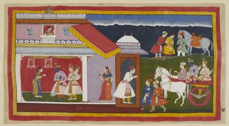 Legg til 15296 (1) f.41r, Etter å ha overtalt moren og broren til å rolig akseptere skjebnen hans, vender Rama og Laksmana tilbake til sitt eget palass i vognen, og Ramas hode bøyes i sin vanlige ydmykhet. De blir møtt av Sita, som først har sett ham fra e