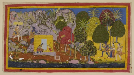 Legg til 15296 (1) f.70r, De tre eksilene nærmer seg Citrakuta fra høyre langs bredden av Yamuna-elven. Rama undrer seg over de blomstrende trærne og plantene som dekker fjellet. Til venstre, på en jevn plass nær elven, bygger de to brødrene en hu