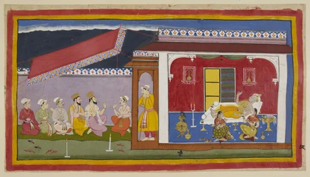 Legg til 15296 (1) f.76r, Dasaratha ligger på sengen sin i kammeret sitt, de to dronningene sitter ved siden av ham, alle tre i en samtaleholdning, mens de prøver å trøste hverandre. Utenfor rommet er brahminer og ministre i samtale med Sumantra. Den