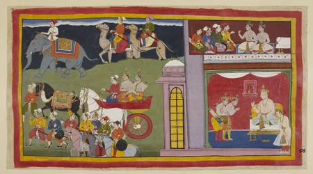 Legg til 15296 (1) f.84r, Sendebudene, i et øvre kammer, ber prinsene vende tilbake til Ayodhya. Nedenfor i tronsalen, kledd for reisen, tar prinsene farvel til kong Kaikeyi og hans sønn Yudhajit. De sitter ute i en vogn med m