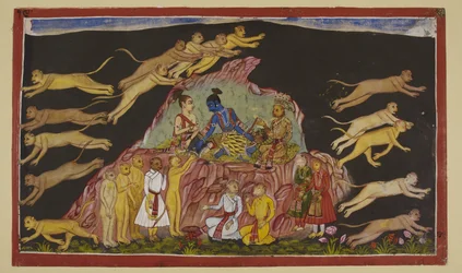 Add 15296 (2) f.49r, Rama, Laksmana og Sugriva sitter på en steinete høyde. Sugriva deler sine enorme styrker i fire og sender dem ut for å lete etter Sita i de fire himmelretningene. For hver troppsleder beskriver han terrenget de vil møte