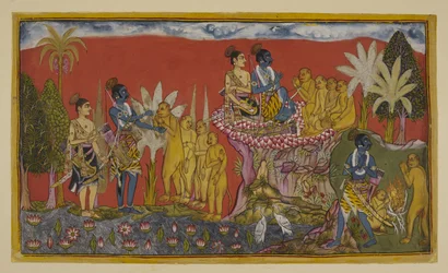 Legg til 15296 (2) f.5r, Hanuman bringer nå Rama og Laksmana inn i nærvær av Sugriva på fjellet. Rama og Sugriva slår i hendene som et tegn på deres vennskapsløfte, overvåket av Laksmana og de andre apene; og så, i en lignende ånd, går de to