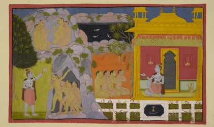 Legg til 15296 (2) f.64r, Apene har fortalt Svayamprabha om deres søk etter den savnede Sita, og hun har fortalt dem om hulens mysterium og hvordan hun kom til å bo på det fantastiske stedet. Apene er redde for Sugrivas vrede hvis de utsetter sin