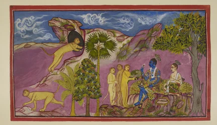 Legg til 15296 (2) f.9r, Sugriva forteller Rama at han har sett Sita bli båret opp i en vogn av Ravana, kjempet og ropt opp navnene til Rama og Laksmana. Da hun så ham nedenfor, slapp hun juvelene og et overplagg. Sugriva løper til en hule inn