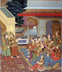 Et indisk harem. Illustrasjon av en Moghol-miniatyr (skole for indiske miniaturister fra 1500- og 1600-tallet).