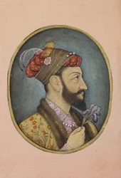 Aurangzeb Bahadur holder en iris, ca. 1650 (ugjennomsiktig wc og gull på papir)