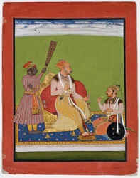Bhao Singh tronet med en adel ved føttene, ca. 1680 (ugjennomsiktig wc og gull på papir)