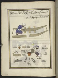 Båtbyggere,  86 tegninger bundet inn i et bind som viser handel og yrker i Kashmir, håndverkere vises i arbeid med redskaper og utstyr,  Av en Kashmir-kunstner, sannsynligvis i Srinagar, ca. 1850-60 (gouache på papir)