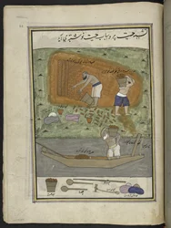 Mursteinsmakere med ovn og båt for transport av murstein,  86 tegninger bundet inn i et bind som viser håndverk og yrker i Kashmir, håndverkere vises i arbeid med redskaper og utstyr,  Av en Kashmir-kunstner, sannsynligvis i Srinagar, ca. 1850-60
