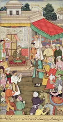 CBL Om 03.54 mottar Akbar (r.1556-1605) gaver fra ambassadørene i Badakhshan, fra Akbarnama, ca. 1605
