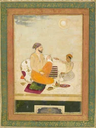Dara Shikoh tilbyr en vinkopp til Shah Jahan (blekk og farge på papir)