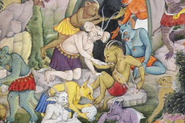 Detalj fra Demons in a Wild Landscape, ca. 1600 (ugjennomsiktig wc og gull på papir)