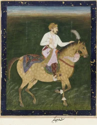Equestrian Portrait of Jahangir, frittstående albumfolio med maleri, ca. 1900