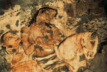 Figur av en kvinne på ryggen av en hest, veggmaleri i Ajanta-hulene (nummer 1), Gupta-perioden, 500-600-tallet (maleri)