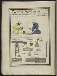 Gullslagere lager bladgull,  86 tegninger bundet inn i et bind som viser håndverk og yrker i Kashmir, håndverkere vises i arbeid med redskaper og utstyr,  Av en Kashmir-kunstner, sannsynligvis i Srinagar, ca. 1850-60 (gouache på papir)
