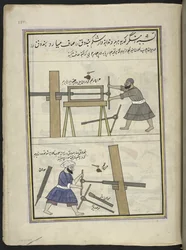 Våpensmeder som kjeder et våpenløp,  86 tegninger bundet inn i et bind som viser handel og yrker i Kashmir, håndverkere vises i arbeid med redskaper og utstyr,  Av en Kashmir-kunstner, sannsynligvis i Srinagar, ca. 1850-60 (gouache på papir)