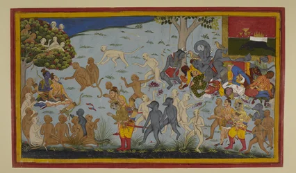Hanumān og Vibhīṣaṇa bringer den sårede Lakṣmaṇa til Rāma, som helbreder ham