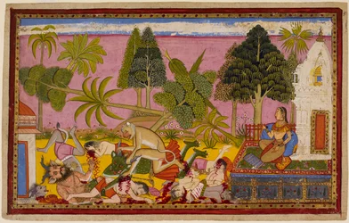 Hanumān angriper demonene, ødelegger lysthagen og beseirer Rāvaṇas styrker mens Sītā ser på. 1653