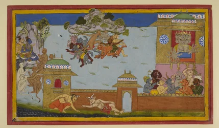 Hanumān avverger demoner; Rāma og Rāvaṇa ser på
