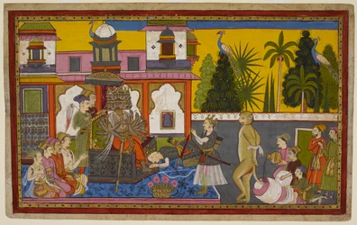 Hanumān blir fanget og ydmyket av Rāvaṇa, men unnslipper og setter fyr på byen med sin flammende hale. 1653