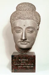 Hodet fra en statue av Buddha, fra Gandhara, Nordvest-India (grå skifer)