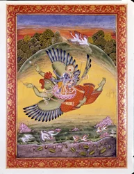 Hinduisme: framstilling av fuglen Garuda som bærer Vishnu, en stor hinduistisk guddom, og hans kone Lakhmi