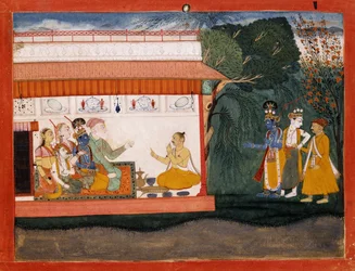 Illustrasjon til Bhagvata Purana som viser Balarama som tar Akrura i hånden med sin yngre bror Krishna, ca. 1700