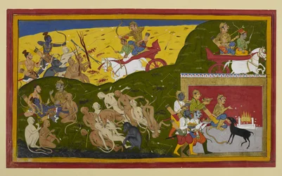 Indrajit kjemper mens Rāma sørger over Sītās død, trøstet av Lakṣmaṇa og Vibhīṣaṇa