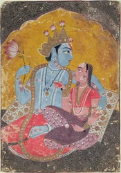 Krishna og Radha, ca. 1690-1700 (ugjennomsiktig wc med preget gull på papir)
