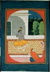 Krishna kaster kransen sin; en illustrasjon til Sat Sai fra Bihari Lal, 1800-tallet