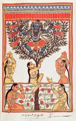 Krishna stjeler klærne til Gopi som svømmer i elven Yamuna (wc på papir)
