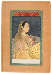 Lady Holding a Cup and a Flower, tidlig på 1700-tallet (wc med gull og sølv på papir)
