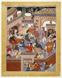 Ledet av Songhur Balkhi og Lulu spionen, skar Ayyarene strupen på fengselsvaktene og Free Said Farrukh-Nizhad, 1557 - 1572 (ugjennomsiktig akvarell og gull på bomullstøy)