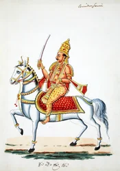 Lord Kalki på hesten sin Devadatta med sverdet i hånden (wc på papir)