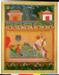 Lovers at Daybreak, illustrasjon av den musikalske modusen Raga Vibhasa, Northern Deccan eller Southern Rajasthan, ca. 1675 (gouache med sølv og gull på papir)