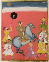 Maharana Raj Singh I av Mewar (reg. 1652-80) Riding, Udaipur (Mewar) Rajasthan, ca. 1670 (gouache med gull på papir)