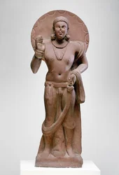 Maitreya, en fremtidig Buddha, Ramnagar-kultur, fra Ahichatra, Uttar Pradesh, 200 e.Kr. (rød sandstein)
