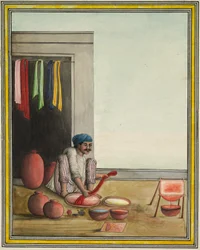 Mann som farger tøy, tidlig på 1830-tallet (blekk og farge på papir)