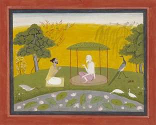 Markandeya refererer Jaimuni til de fire vise fuglene, ca. 1800-20 (ugjennomsiktig wc på papir, forhøyet med gull)