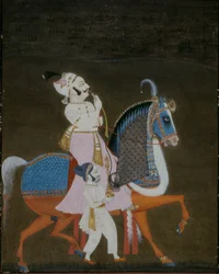 Adelsmann fra Mewar som rir Mrigarao med en ledsager til fots, 1820