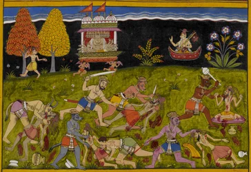 Nārada oppfordrer Rāvaṇa til å utfordre Yama i stedet for dødelige, mens demoner herjer i skogens rishier