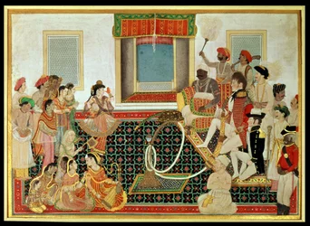 Prince Mahadaji Sindhia entertaining a British army officer and a naval officer to a nautch, c.1820 (gouache on paper)   1354436   no       norwegian Successfully Translated  Original: Sts. Pamphilius and Porphyrius; St. Blandina and Companions; St. Erasmu