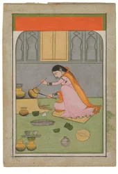 Radha på kjøkkenet, ca. 1810 (ugjennomsiktige pigmenter og gull på wasli)