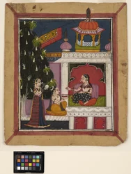 ? Raga: En knelende mann tilbyr en bok til en dame i en paviljong, ca. 1800 (ugjennomsiktig akvarell på papir)