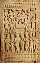 Relieff som viser tilbedelsen av Buddha representert av et tre, sen Mauryan-periode, Sunga-dynastiet (180-72 f.Kr.)