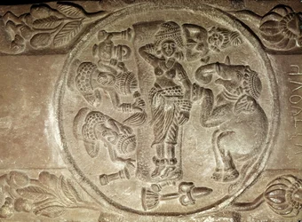 Relieff som viser drømmen til Maya, fra en buddhistisk stupa fra Bharhut, Madhya Pradesh, sen Mauryan-periode, Sunga-dynastiet (180-72 f.Kr.)