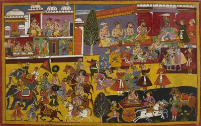 Rāma omfavner Bharata, og undersåttene hans ber om å få følge ham
