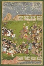 Rustam beseiret Afrasiyab, fra et Shahnama, Mughal-dynasti (ugjennomsiktig wc og gull på papir)